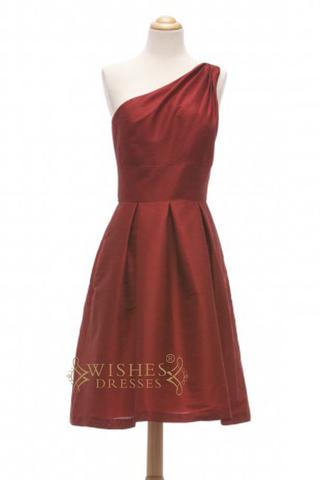 A-line One-shoulder Burgundy Satin Short Bridesmaid Dresses AM358