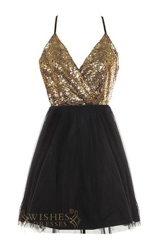 Affordable Gold and Black Short Prom Dress AM420