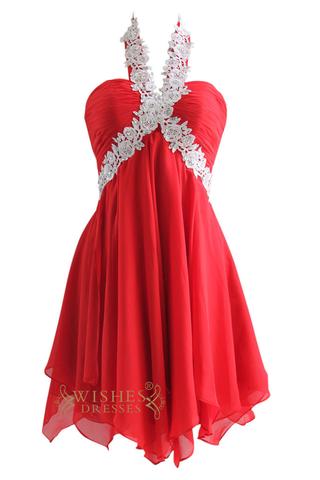 A-line Lace Halter Red Chiffon Short Prom Dress Am127