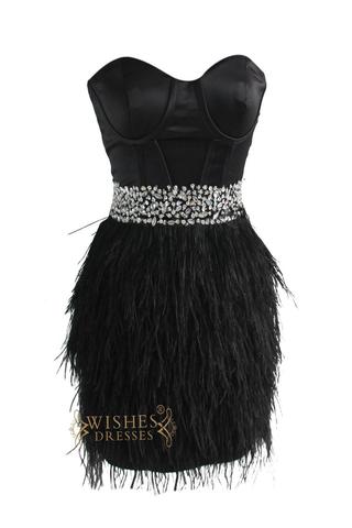 A-line Satin Black Ostrich Feather Cocktail Dress/ Short Prom Dress Am179