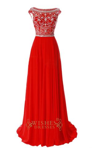 Delicated Beaded Bodice Red Chiffon Long Prom Dresses Am204