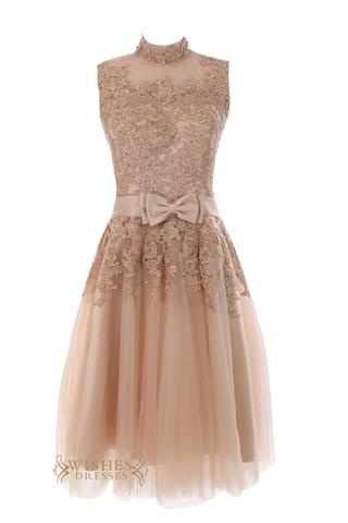 High Neck Cute Short Gown Covered Lace Top Engagement Party Dress /Wedding Dress  Am31