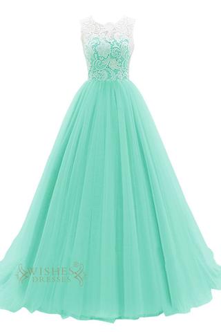 Hotsale Turquoise Organza Formal Dress With White Lace Top Prom Dress Am52