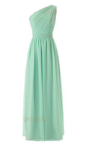 Delicated Ruched One-shoulder Mint Chiffon Floor Length Bridesmaid Dress Am55