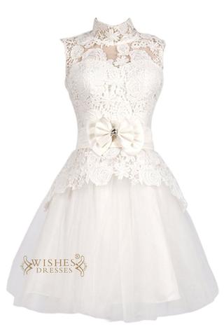 Demure Short Wedding Dress/ Lace Reception Dress/ High Neckline Cocktail Dress AM76